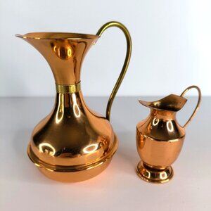 Vintage Retro 70s Copper Pitcher Jug Vase Brass Handle Dining Home Decor Set